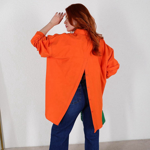 Blus baju wanita lengan panjang, baju wanita lengan panjang longgar, kancing belakang asimetris, musim panas, kasual, 5 warna - Product Image 6