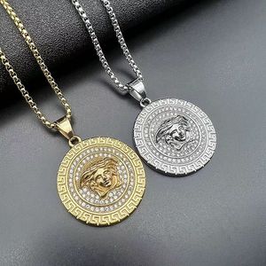 <b>Titanium</b> Steel Gold Plated Rhinestone Face Pendant Necklace Unisex Party Jewelry Geometric Design Pave Setting DZ888 - Product Image 1