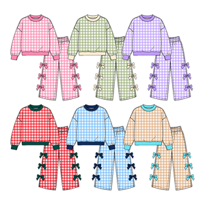 ชุดเซ็ต 2 ชิ้นลายตารางสีพาสเทลสำหรับเด็กผู้หญิง สไตล์บูติกสุดฮิต คอเสื้อและปลายแขนเสื้อตัดกันประดับโบว์ กางเกงขายาวทรงกว้าง - Product Image 1