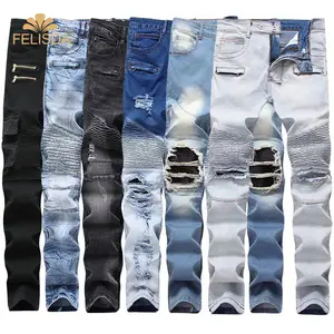 Haute qualité extensible hommes Skinny Jeans pantalon en détresse trou Slim Fit Hip Hop blanc noir plissé déchiré Denim Jeans homme