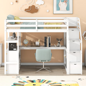 White Wooden Loft Bed With <b>Desk</b> Drawers Storage <b>Shelves</b> Multi Functional For Children Adults Elderly - Product Image 2
