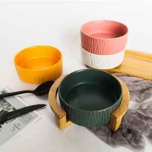 New design salad fruit bowl 4 colors matte porcelain bowls ceramic bowl set with wooden holder 6inch