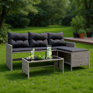 Conjunto de sofá de patio en forma de L de poliratán gris con mesa y cojines, muebles de jardín para exteriores, diseño contemporáneo - Product Image 2