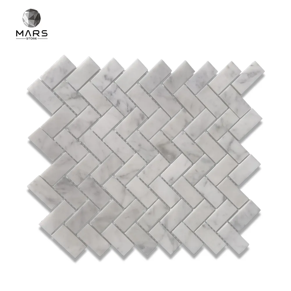 Bianco Carrara A Spina di Pesce Mattonelle di Mosaico di Marmo Bagno Moderno di Disegno Semplice Decorazione Della Parete A Mosaico