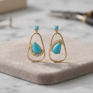 S925 18K Gold Plated Classic Chunky Natural Turquoise Natural Stone <b>Huggie</b> Earring Gift Customizable for Retail OEM ODM Thailand - Product Image 2