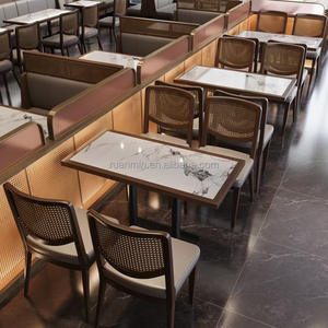 Lujoso marco de madera maciza cabina sofá Silla de ratán PU Borde de cuero mármol Mesa restaurante café Hotel muebles conjunto - Product Image 5