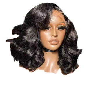 Parrucche Bob Corte Ondulate Nere Naturali in <span class=keywords><strong>Capelli</strong></span> Remy Brasiliani, Densità 200%, 13x4 per <span class=keywords><strong>Parrucca</strong></span> con Frontale in Pizzo Trasparente - Product Image 1