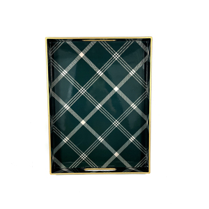 Plateau de rangement décoratif rectangulaire, plateau de service polyvalent à motif écossais vintage avec bordure dorée et poignées découpées - Product Image 2