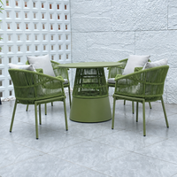 Ensemble de salle à manger de jardin en corde tressée nordique, fauteuils en alliage d'aluminium vert, table ronde, sièges rembourrés, pour extérieur, patio, villa