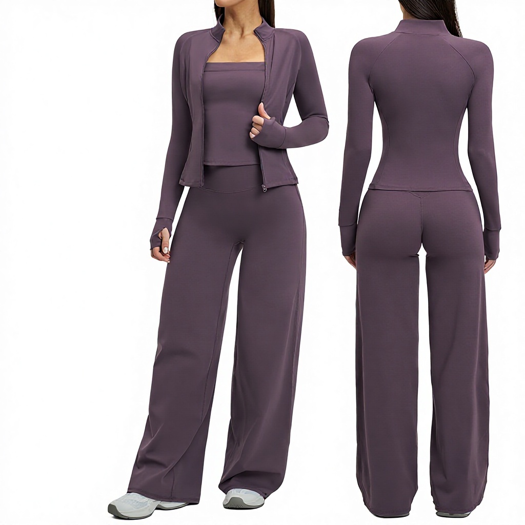 Spring New Breathable Lightweight Quick-Drying Sports Suit Zipper Women's Outdoor Running Cycling Three-Piece High-Waisted Set