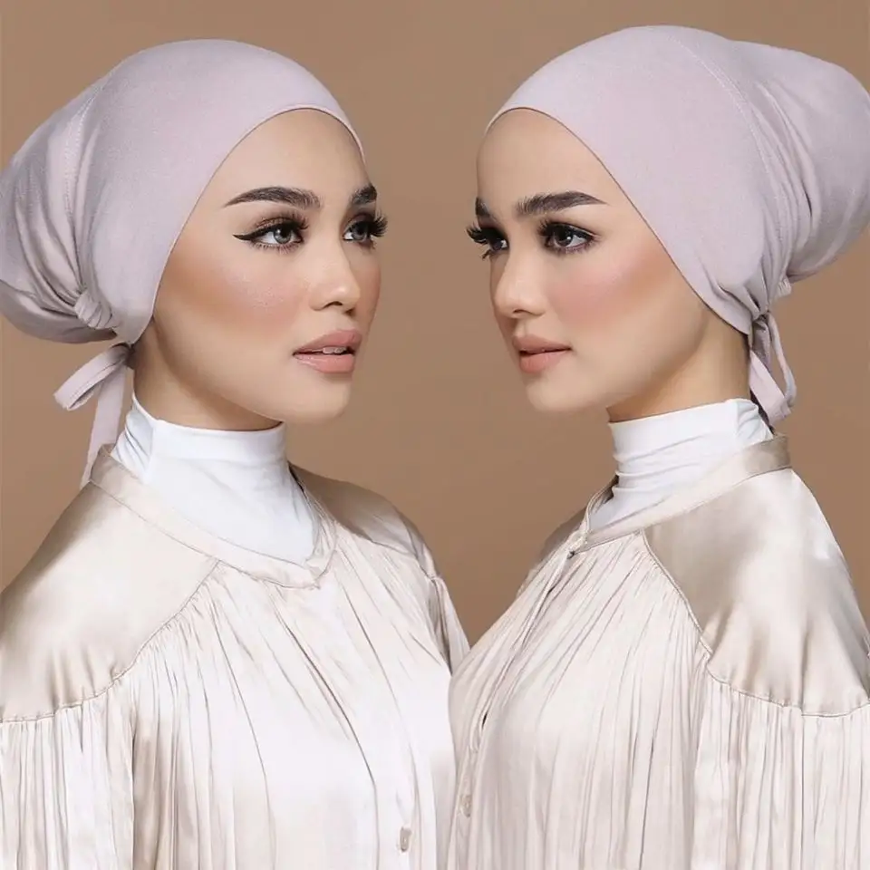 Khăn Trùm Đầu Có Dây Buộc Co Giãn Có Dây Màu Trơn Có Thể Điều Chỉnh Mũ Hijab
