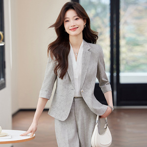 Women's Grey Three Quarter Sleeve Blazer Suit Set With Wide Leg Pants Summer Office Lady Breathable Polyester Fabric - Product Image 4
