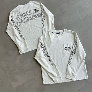 Custom Logo Heavyweight 100% Cotton Streetwear Y2K <b>Flame</b> Print Sleeve Chest Pocket Mens Long Sleeve T <b>Shirt</b> - Product Image 3
