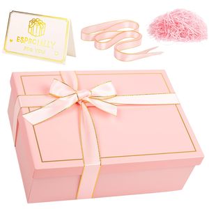 Élégante grande boîte cadeau en papier rose avec carte, ruban et papier de soie déchiqueté pour Noël, anniversaire, mariage, anniversaire de mariage - Product Image 1