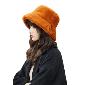 D1927 mujeres niña invierno cálido sombreros de pescador plano ala ancha liso piel <span class=keywords><strong>lana</strong></span> felpa sombrero de cubo - Product Image 1