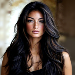 Perruque synthétique de vague de corps naturelle de point culminant brun mélangé noir avec la coupe en couches et la frange de rideau Highlight brun foncé pour les femmes - Product Image 1