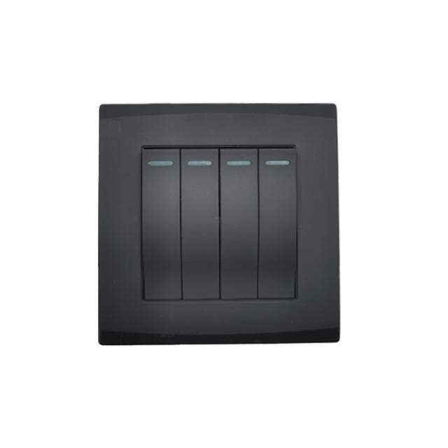 High Quality Electrical UK Standard Switch Socket Black Panel 4 Gang 1 Way Light Wall Switches 10A 250V Socket Outlet Home Use