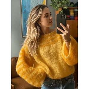 Suéter de Punto Transparente, Holgado, Color Amarillo Brillante, para Mujer, para Invierno - Product Image 2