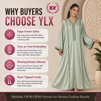 Ensemble Abaya Femme Personnalisé Noir Ouvert sur le Devant avec Bordure en Treillis Doré, Manches en Velours à Motifs Floraux et Robe Plissée Beige OEM