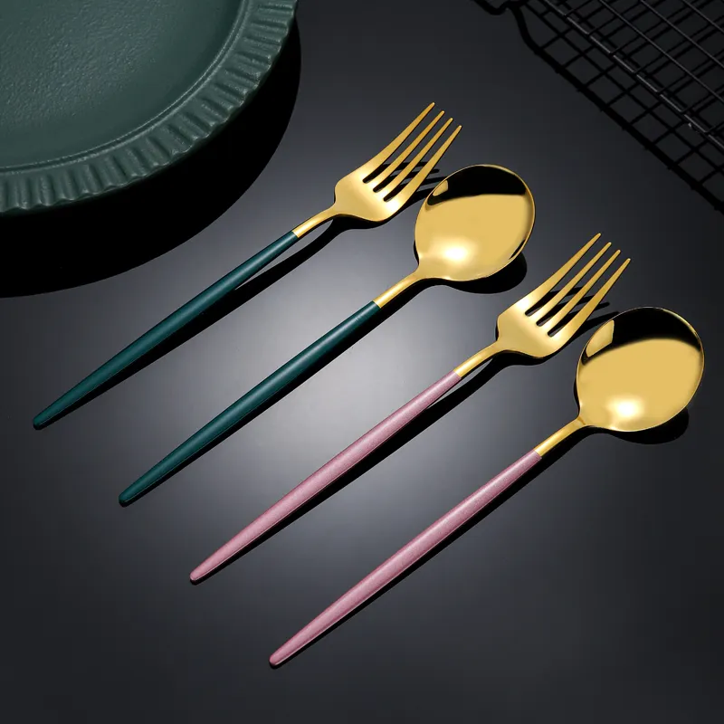 2PC High Quality Luxury Fork and Spoon Set Metal Golden 18/10 Stainless Steel Spoon and Fork