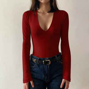 Camiseta Americana Sexy Casual Ajustada, Levanta Glúteos, Ligera, Cuello en V Profundo, Manga Larga, Tejida, para Mujer, Ajustada, Roja, Elástica, Capa Base - Product Image 6