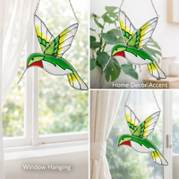 Attrape-soleil artisanal en vitrail naturel avec cadre métallique, motif colibri, pour décoration de fenêtre