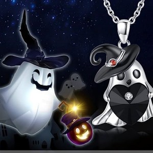Collier pendentif cœur fantôme d'Halloween en argent, bijoux de fête sur le thème des dessins animés - Product Image 1