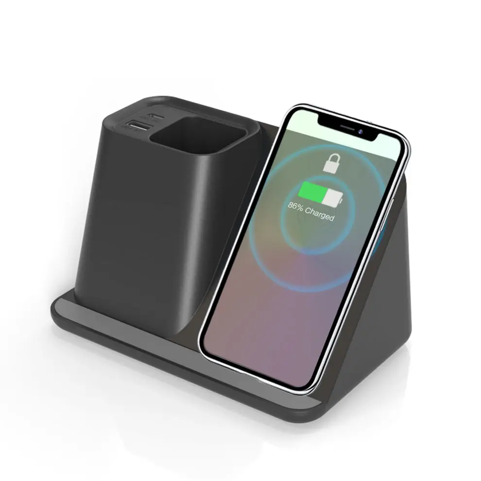 2022 Trending Products Office Desk Organizer Pencil Holder Cell Phone Holder 3 in 1 Wireless Charger With Dual Usb Output