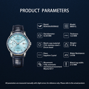 Reloj Mecánico Automático de Lujo Marca BORIAGE 2025 con Cristal de Zafiro 316L, Reloj de Pulsera Luminoso, Bisel de Circón, 5ATM, Miyota 8217 - Product Image 6