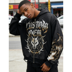 Sudadera con capucha para hombre, estilo urbano, extragrande, con cremallera, de tejido grueso de 400 GSM, con efecto desgastado, impresión digital personalizada OEM. - Product Image 3