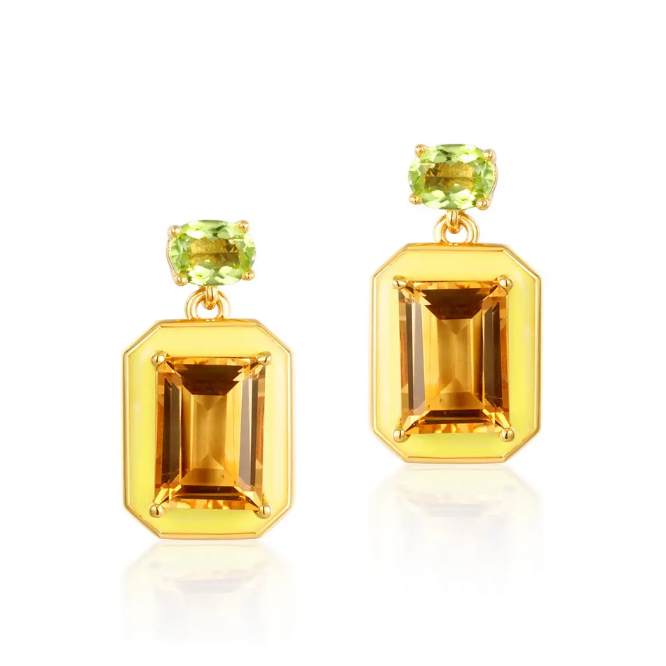 Luxury gold natural gemstone enamel peridot citrine baguette 925 Sterling silver stud earrings