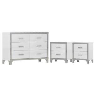 Elegante juego de 3 piezas: cómoda y dos mesitas de noche con tiradores metálicos, decoración de espejo y detalles en blanco discreto. - Product Image 4