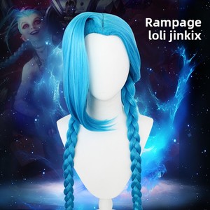 Perruque de cosplay <span class=keywords><strong>Jinx</strong></span> <span class=keywords><strong>League</strong></span> <span class=keywords><strong>of</strong></span> Legends en fibre haute température, fabriquée à la machine, vente en gros transfrontalière, Riot Girl - Product Image 2