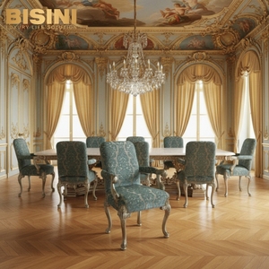 Fauteuil de salle à manger Parisian Prince d'inspiration italienne, avec structure en chêne sculpté et tissu brodé bleu - Product Image 2