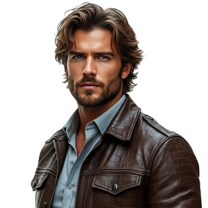 Blouson moto en cuir marron gaufré pour homme, col rabattu, fermeture éclair, coupe classique, couleur unie, idéal pour l'automne - Product Image 1