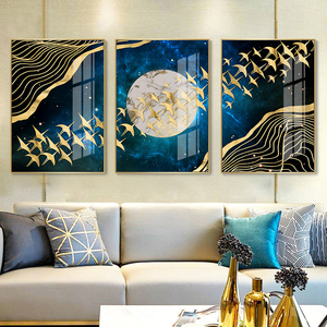 Abstrait lune mur Art doré montagne oiseaux nordique affiches et impressions nature morte mur photos cristal porcelaine peinture - Product Image 1