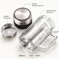Bouteille en verre borosilicate haute résistance à la chaleur 400 ml, tasse à double paroi isolée avec poignée, logo personnalisé, tasses à thé avec infuseur à thé
