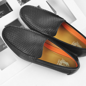 Mocassins en cuir véritable noir à bout rond, respirants, pour hommes, chaussures d'été - Product Image 1