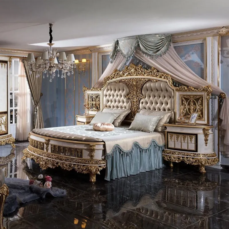 Hoge Kwaliteit Royal Classic Slaapkamer Meubelset Antiek Gouden Massief Houtsnijwerk Kingsize Bed Met Bed Bijzettafel
