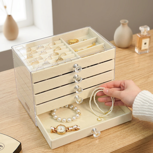 Boîte de rangement à bijoux rectangulaire exquise, 5 couches, grande capacité, pour colliers et boucles d'oreilles - Product Image 4