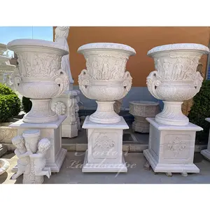Wholesale Natural Stone Flowerpot Human Decoration Large Luxury Hand Carved White Marble Flower Pots Planters Supplier