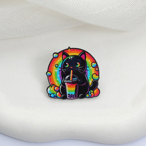 Pin con diseño de Gato Negro Arcoíris, Perla y Té <span class=keywords><strong>Bobo</strong></span> con Impresión UV, Broches Kawaii Psicodélicos de Animales, Insignia para Bolsos y Solapas, Regalo para Niños y Amigos - Product Image 3