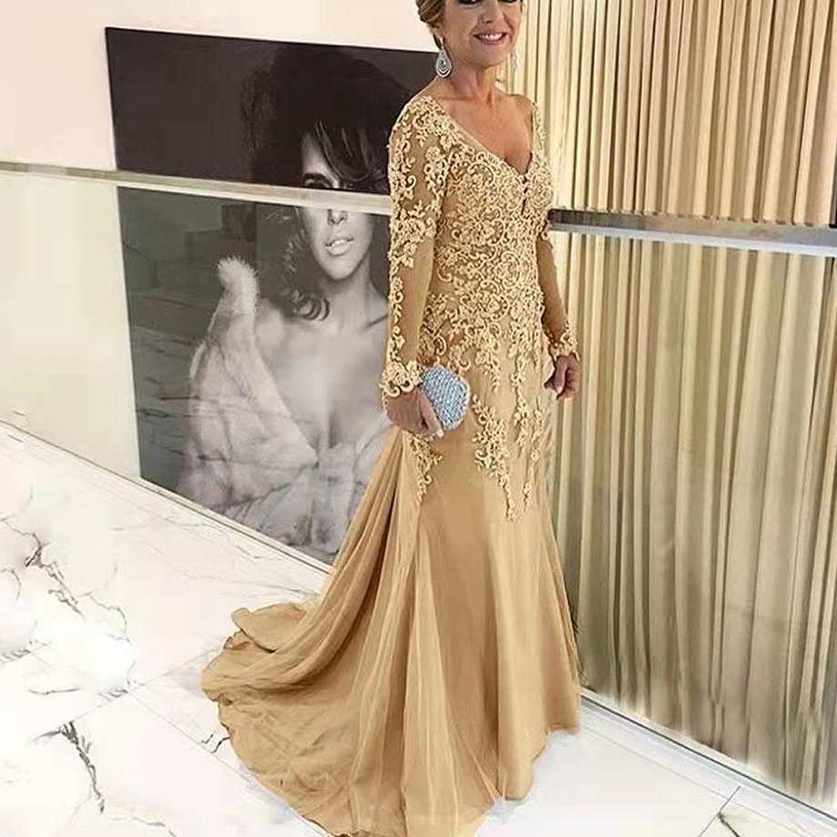 Elegant Blue Silver Mother of the Bride Dresses Long Sleeves 2022 V Neck  Godmother Evening Dresses Wedding Party Guest Gowns New| Alibaba.com