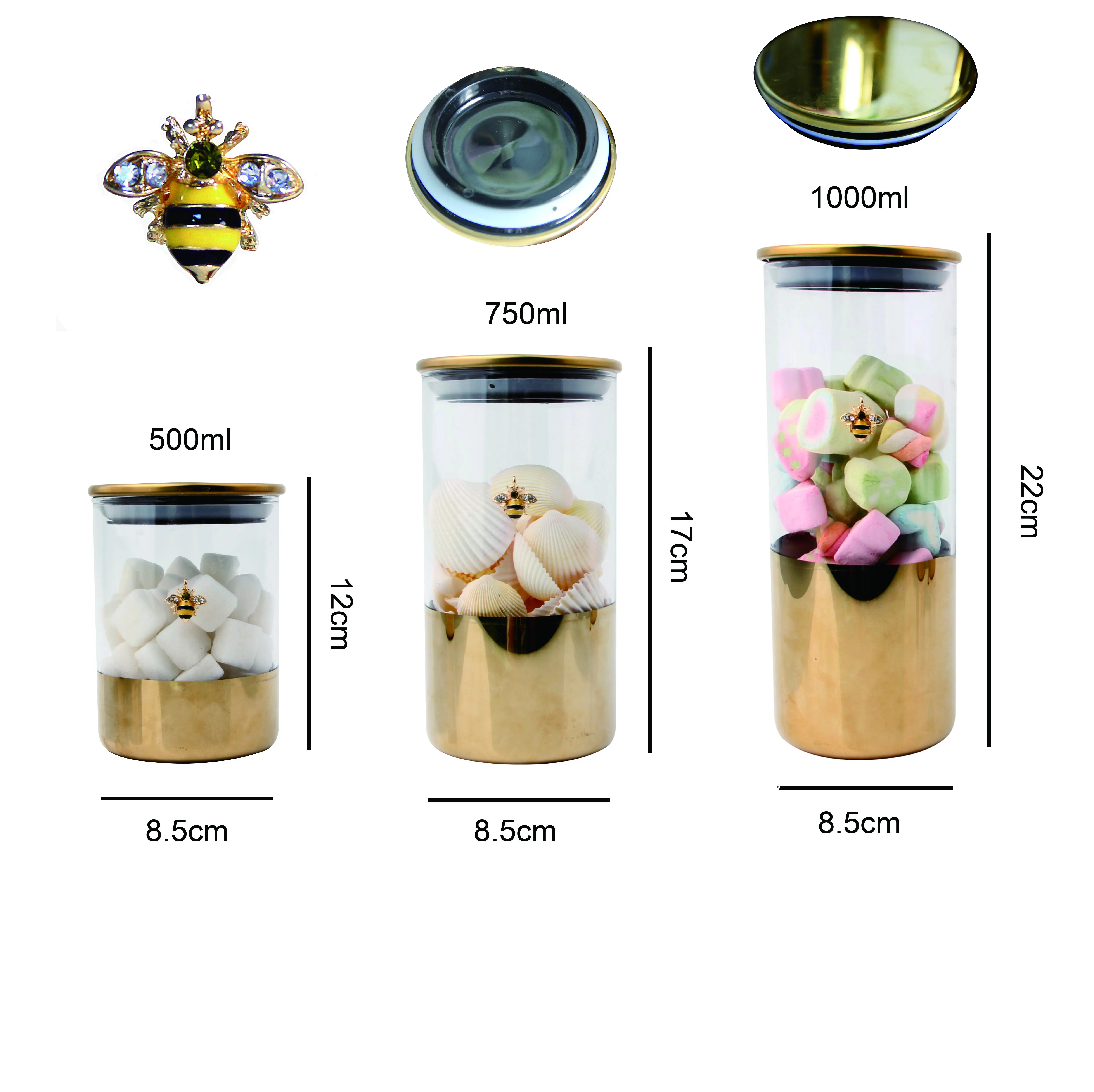 Hotsale new design gold fashion bee high borosilicate glass candy storage jar container with gold metal lid for kitchen storage
