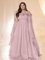 Robe de soirée pour femme, couleur unie, épaules dénudées, manches flottantes, design floral tridimensionnel, ourlet plissé, coupe trapèze