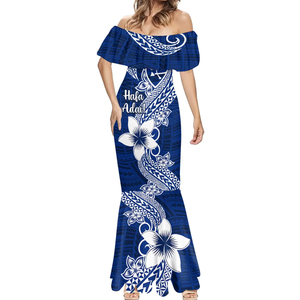 Vestido de Sirena <span class=keywords><strong>Hafa</strong></span> Adai Guam con Estampado Floral Polinesio Azul, Vestido de Noche con Hombros Descubiertos - Product Image 2