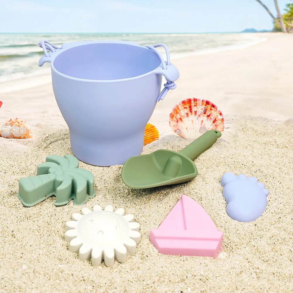 Cubo de arena de silicona portátil sin BPA, juguetes de playa de silicona para niños y bebés de calidad personalizada