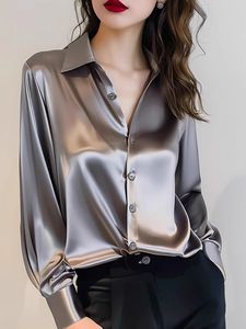 Chemise en satin français pour femmes en gros, nouvelle collection, haut de gamme, gris, acétate, manches longues, <span class=keywords><strong>chic</strong></span>, blouse professionnelle, 14 couleurs - Product Image 5