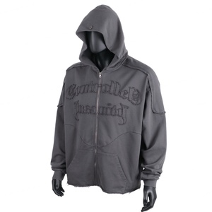 TOPSHOW Streetwear Custom Logo Distressed Applique Embroidered Hoodie Cotton French Terry Patchwork Oversized Zip Hoodie Men - Product Image 1
