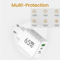 Chargeur USB-C GaN PD 65W avec charge rapide 3.0 pour ordinateur portable, écouteurs, téléphone portable - Adaptateur mural rapide avec 1x USB + 2 ports Type-C